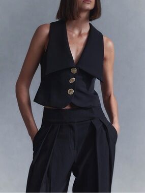 Meshki Black Sleeveless V-Neck Buttoned Crop Top with Gold Buttons